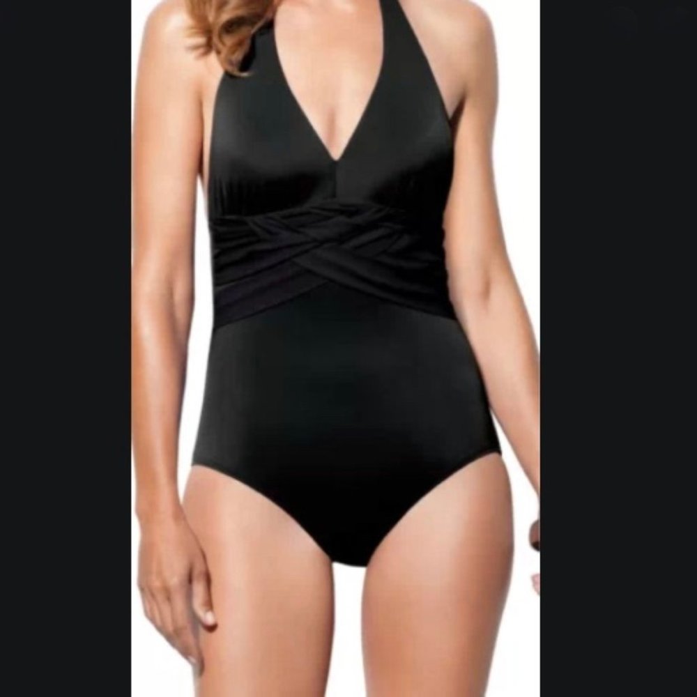 NWOT Spanx Woven Halter One Piece Swimsuit Black
